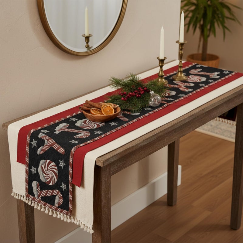 DaDa Bedding Starry Peppermint Joy Tapestry Table Runner - Festive Black Red Christmas Holiday Candy Cane Sweets - Cotton Linen Woven Kitchen Dining Mats - 13" x 90" (12904) - Image 5